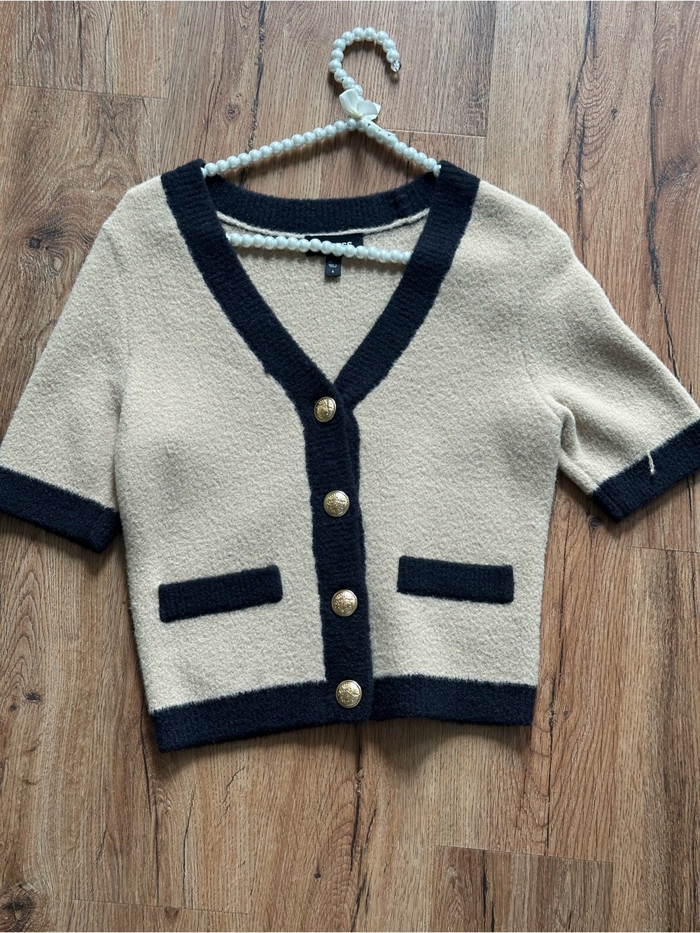 Express Beige and Black Short-Sleeve Cardigan Sweater